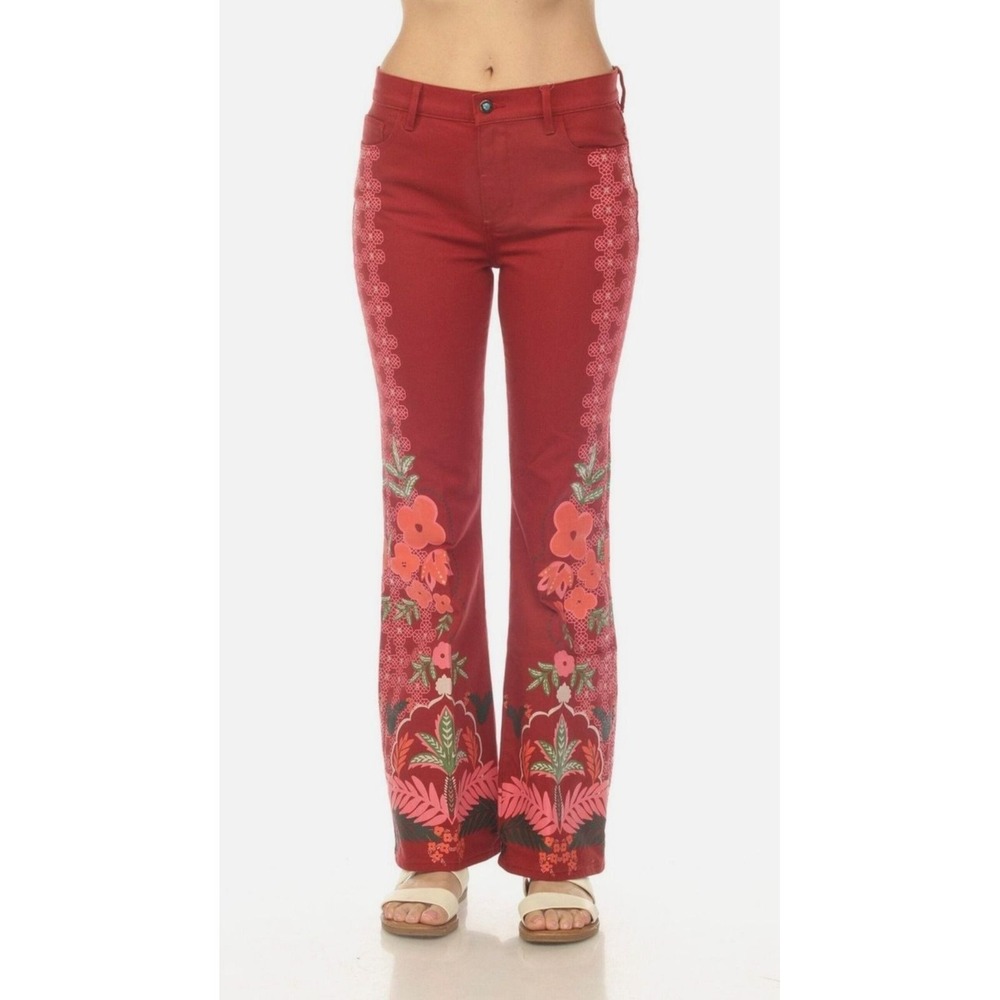 Johnny Was Jade Caleta Straight Flare Jeans Red Floral Print NWT Size 27 - Picture 2 of 6